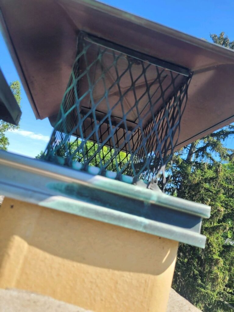 A copper chimney cap with mesh protection mounted on top of a beige flue tile against a background of blue sky and tree foliage.