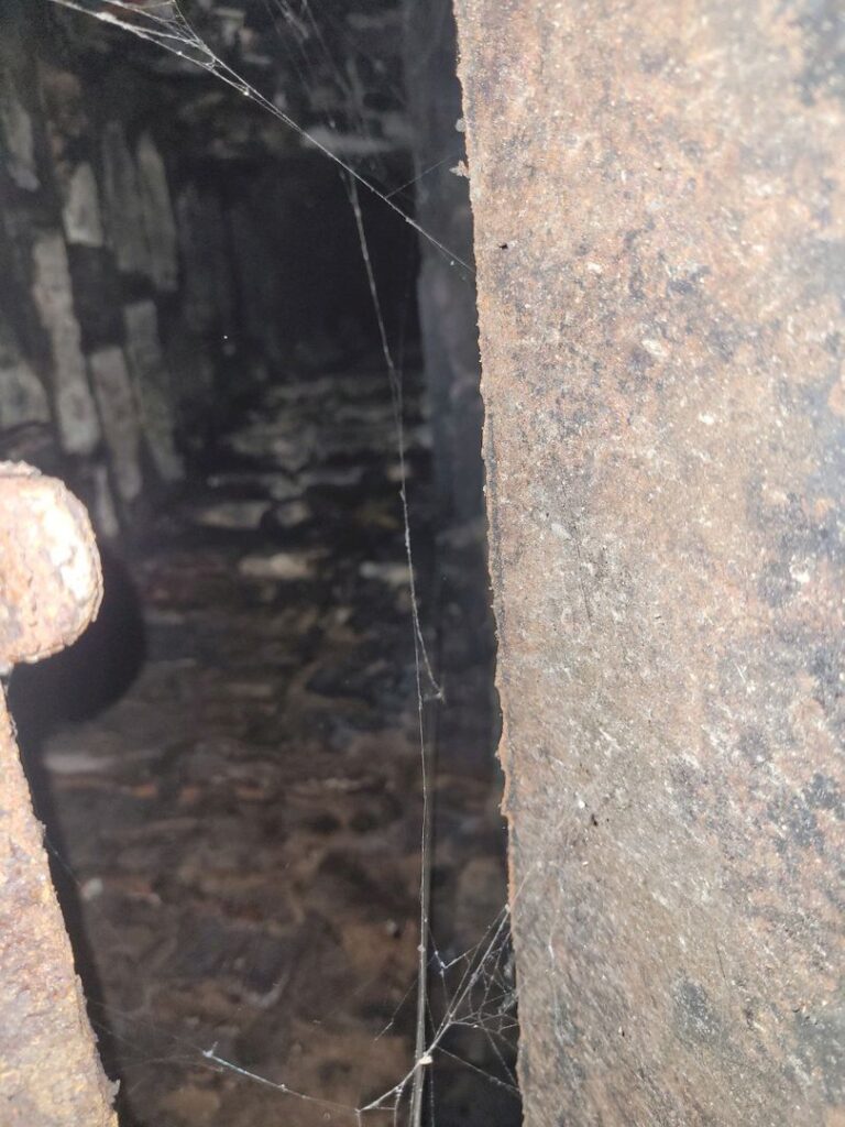 Close-up image of a rusty surface with cobwebs inside a dark chimney